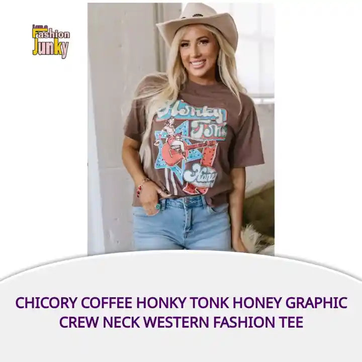 Chicory Coffee Honky Tonk Honey Graphic Crew Neck Western Fashion Tee by@Outfy