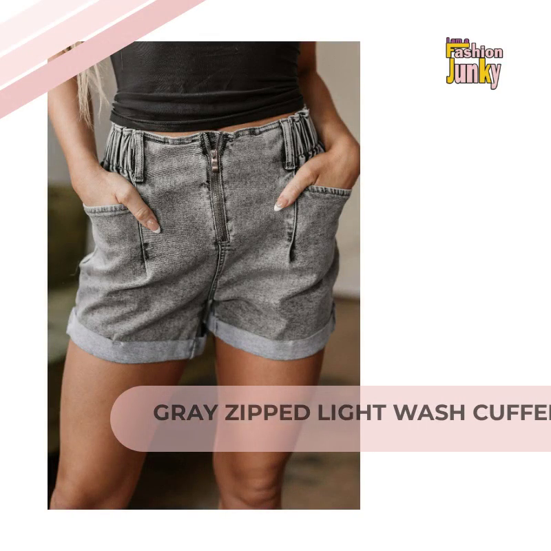 Gray Zipped Light Wash Cuffed Edge Denim Shorts by@Outfy