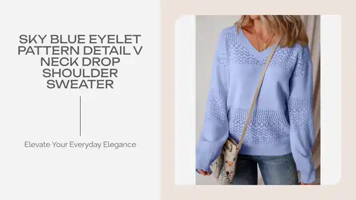 Sky Blue Eyelet Pattern Detail V Neck Drop Shoulder Sweater by@Outfy