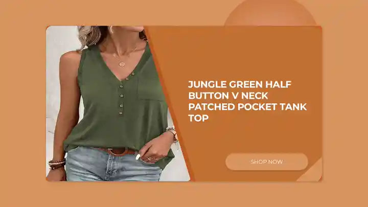 Jungle Green Half Button V Neck Patched Pocket Tank Top by@Outfy