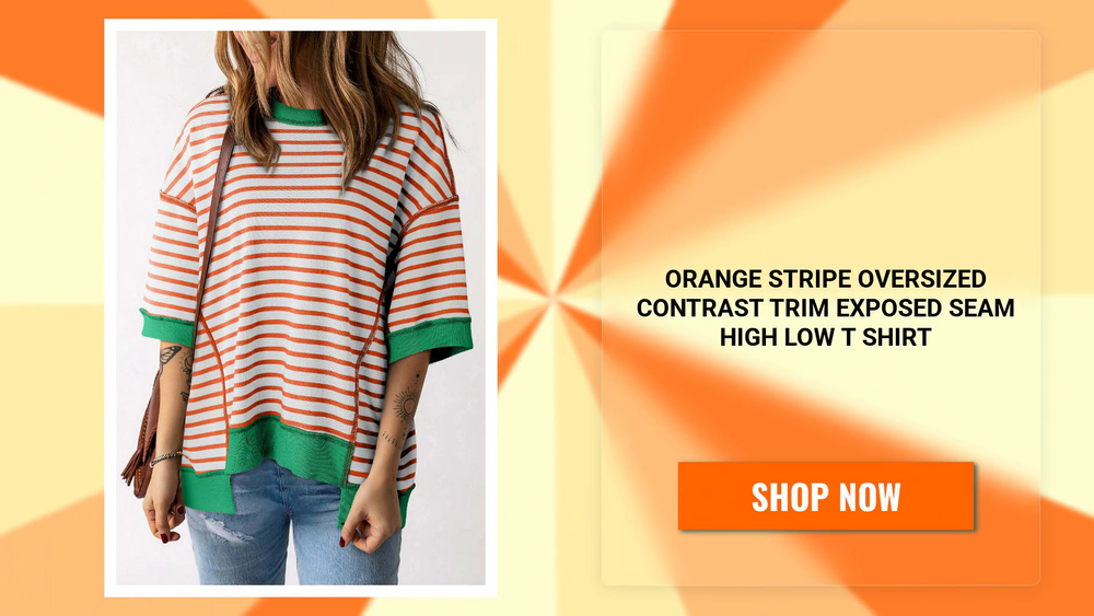 Orange Stripe Oversized Contrast Trim Exposed Seam High Low T Shirt by@Outfy