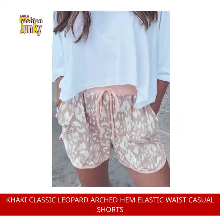 Khaki Classic Leopard Arched Hem Elastic Waist Casual Shorts by@Outfy