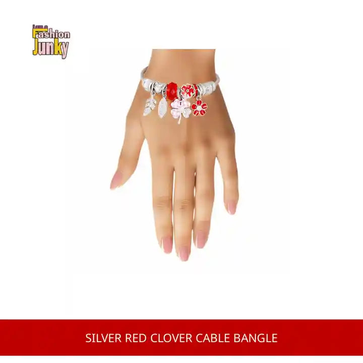 Silver Red Clover Cable Bangle by@Outfy