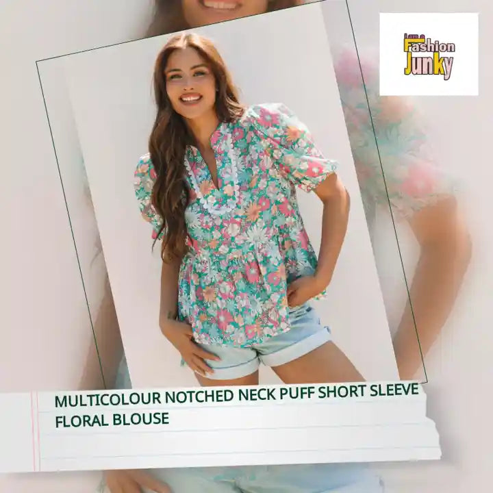 Multicolour Notched Neck Puff Short Sleeve Floral Blouse by@Outfy