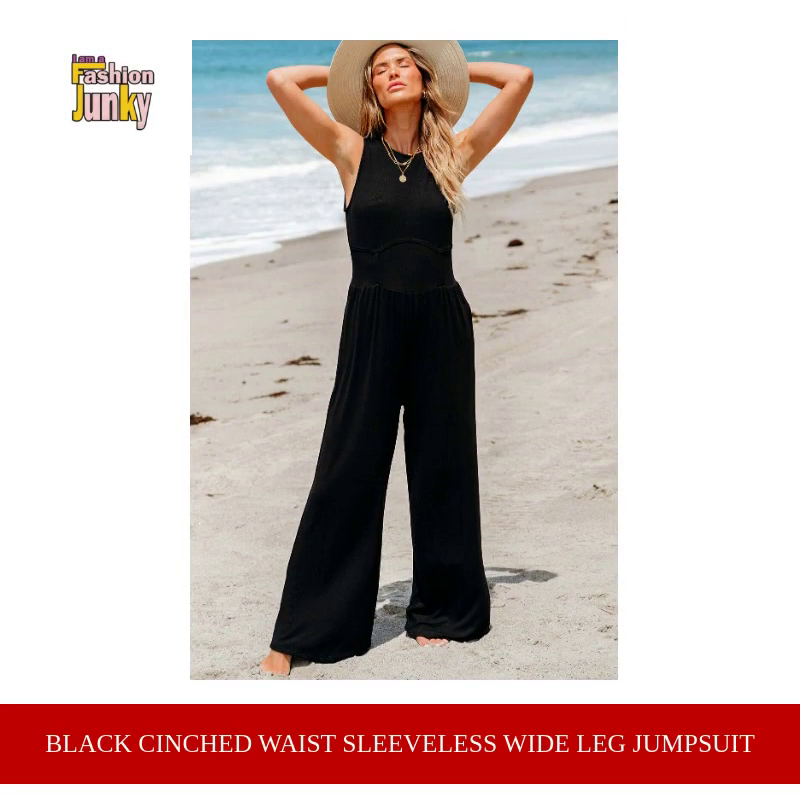 Black Cinched Waist Sleeveless Wide Leg Jumpsuit by@Outfy