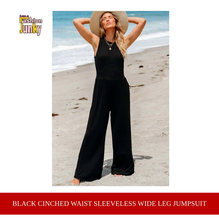 Black Cinched Waist Sleeveless Wide Leg Jumpsuit by@Outfy