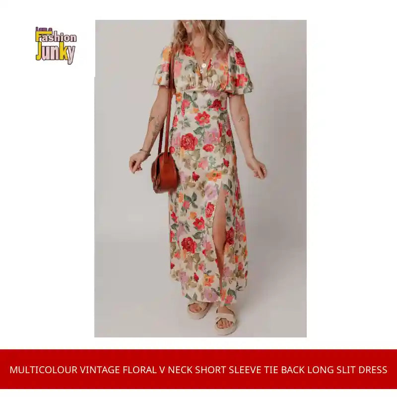 Multicolour Vintage Floral V Neck Short Sleeve Tie Back Long Slit Dress by@Outfy