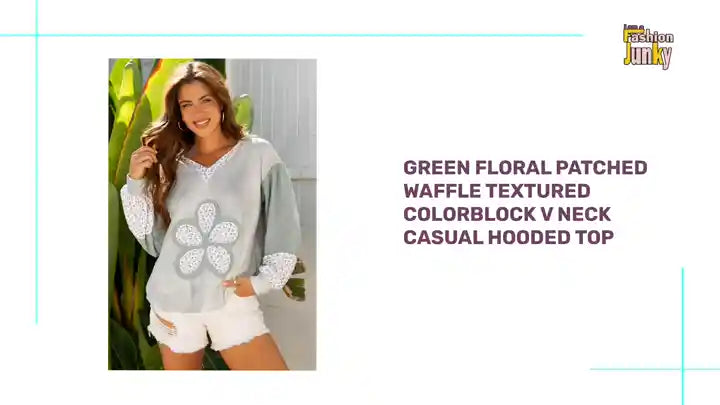 Green Floral Patched Waffle Textured Colorblock V Neck Casual Hooded Top by@Outfy