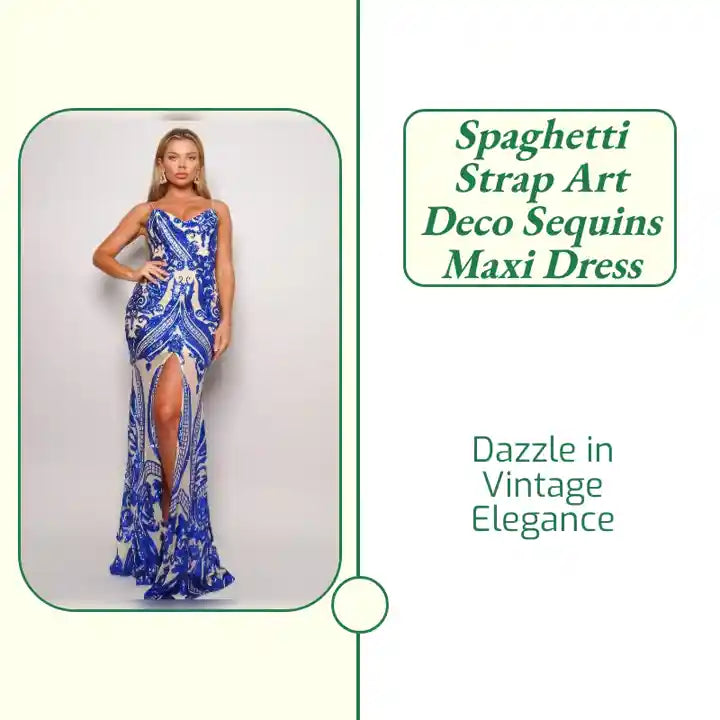 Spaghetti Strap Art Deco Sequins Maxi Dress by@Outfy