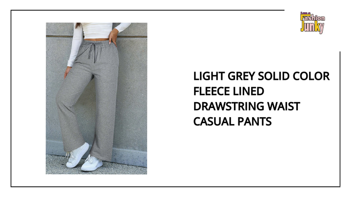 Light Grey Solid Color Fleece Lined Drawstring Waist Casual Pants by@Outfy