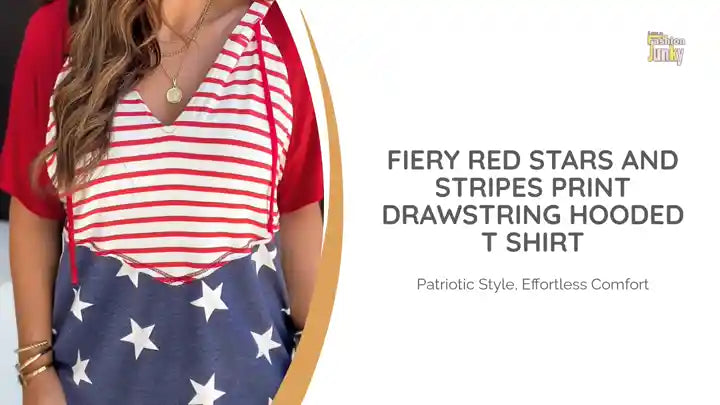 Fiery Red Stars and Stripes Print Drawstring Hooded T Shirt by@Outfy