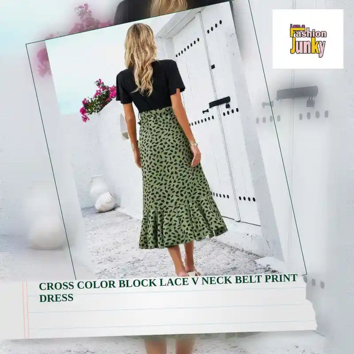 Cross Color Block Lace V Neck Belt Print Dress by@Outfy