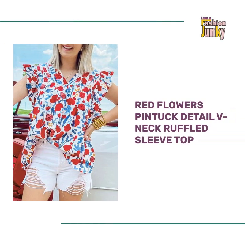 Red Flowers Pintuck Detail V-Neck Ruffled Sleeve Top by@Outfy
