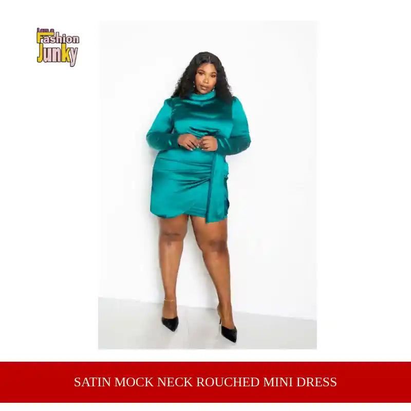 Satin Mock Neck Rouched Mini Dress by@Outfy