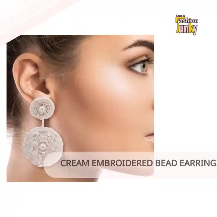 Cream Embroidered Bead Earrings by@Outfy