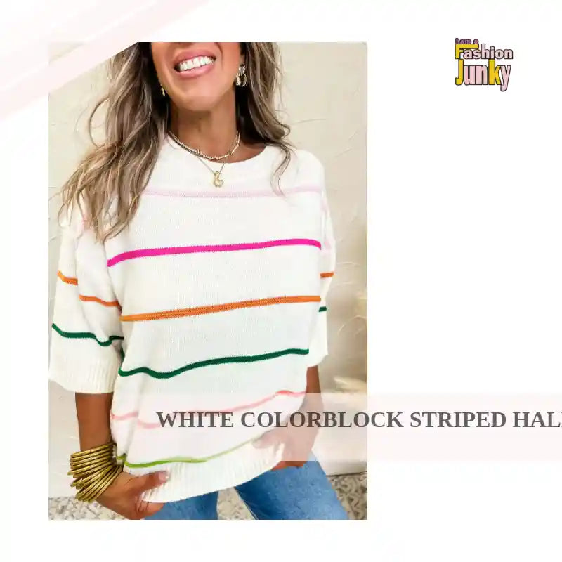 White Colorblock Striped Half Sleeve Drop Shoulder Sweater by@Outfy