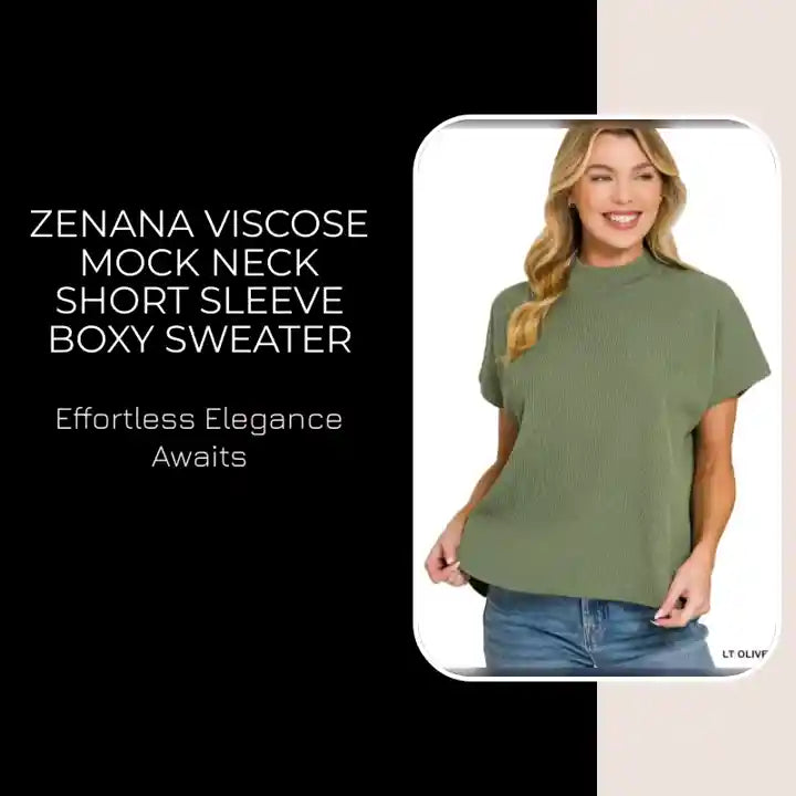 Zenana Viscose Mock Neck Short Sleeve Boxy Sweater by@Outfy