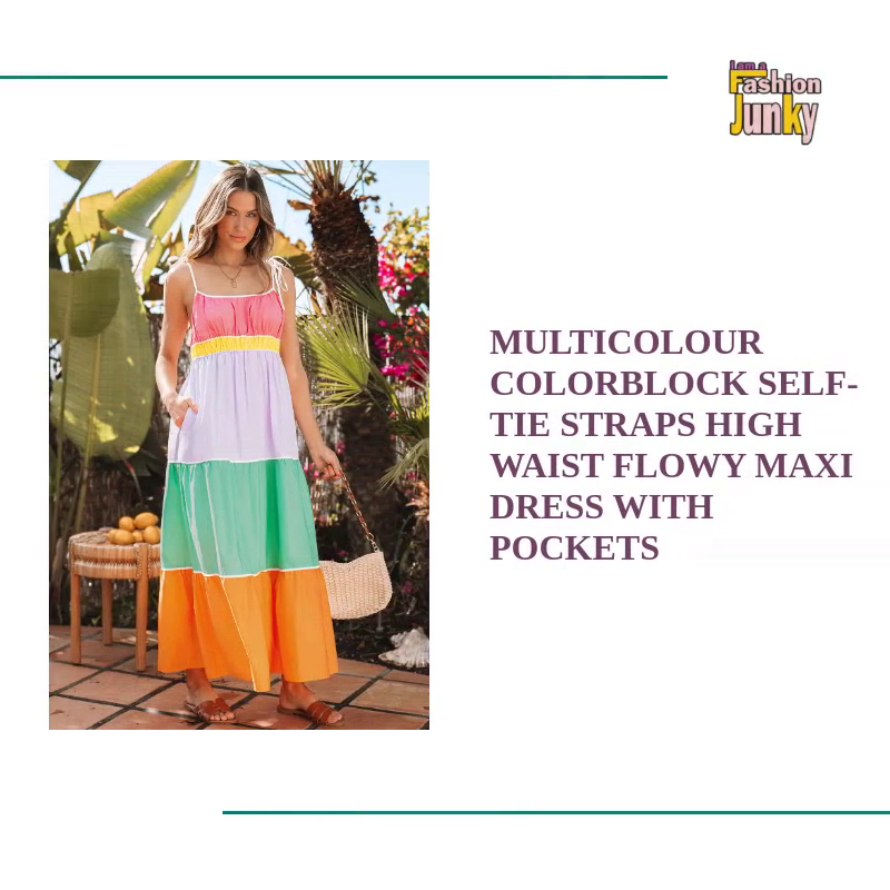 Multicolour Colorblock Self-tie Straps High Waist Flowy Maxi Dress with Pockets by@Outfy