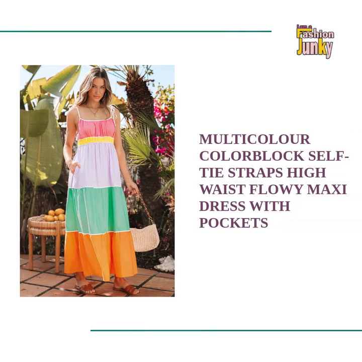 Multicolour Colorblock Self-tie Straps High Waist Flowy Maxi Dress with Pockets by@Outfy