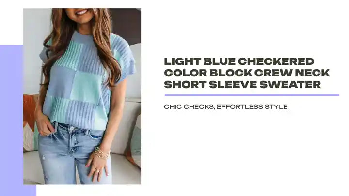 Light Blue Checkered Color Block Crew Neck Short Sleeve Sweater by@Outfy
