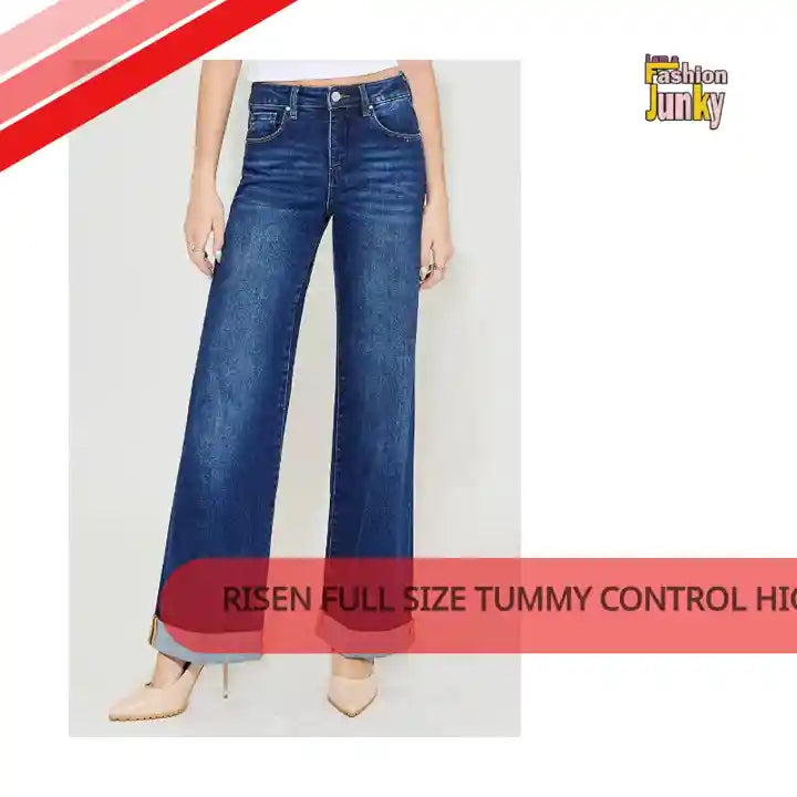 RISEN Full Size Tummy Control High Rise Wide Leg Cuffed Jeans Plus Size by@Outfy