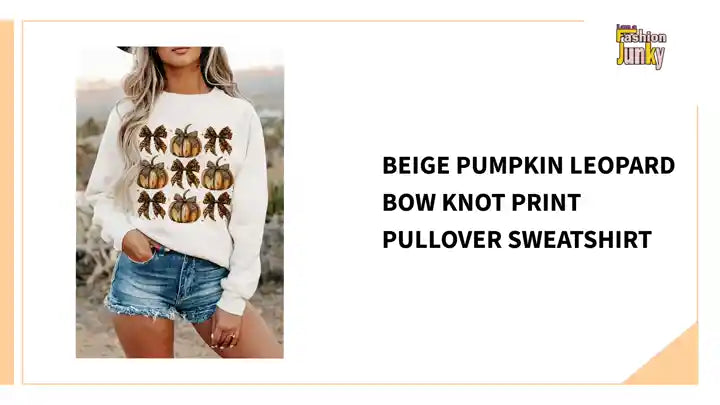 Beige Pumpkin Leopard Bow Knot Print Pullover Sweatshirt by@Outfy