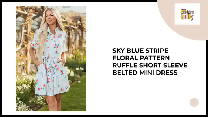 Sky Blue Stripe Floral Pattern Ruffle Short Sleeve Belted Mini Dress by@Outfy