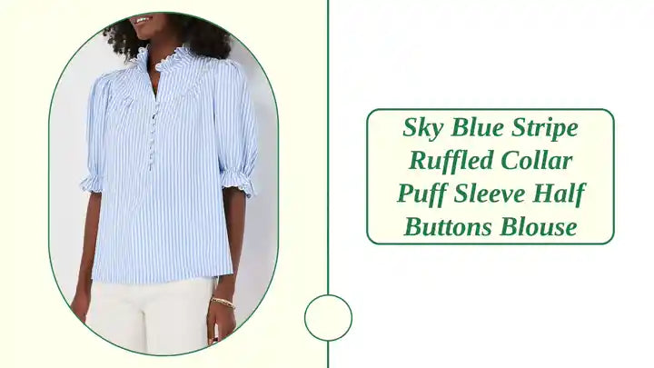 Sky Blue Stripe Ruffled Collar Puff Sleeve Half Buttons Blouse by@Outfy