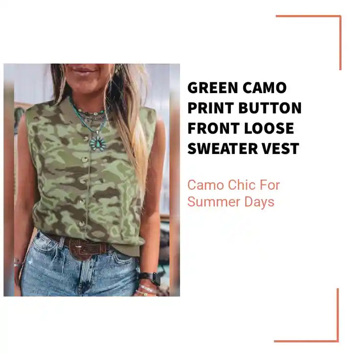 Green Camo Print Button Front Loose Sweater Vest by@Outfy