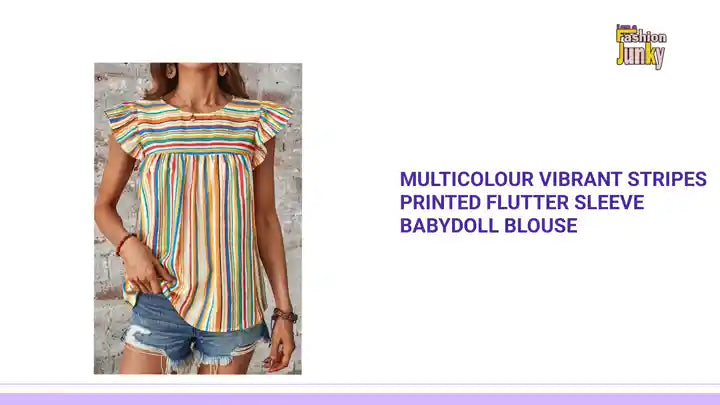 Multicolour Vibrant Stripes Printed Flutter Sleeve Babydoll Blouse by@Outfy