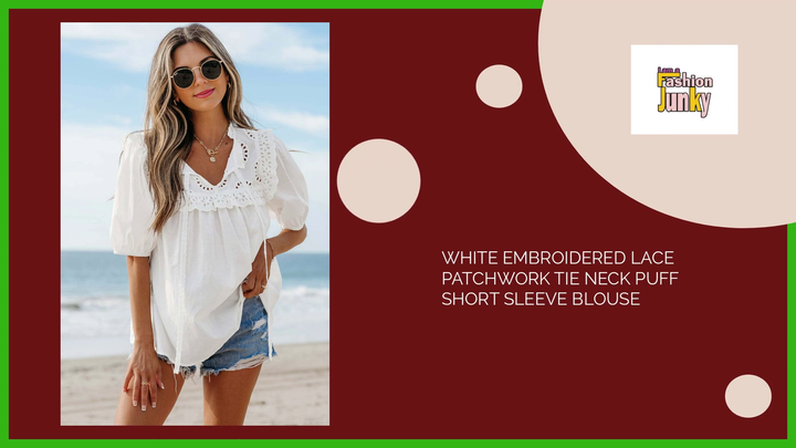 White Embroidered Lace Patchwork Tie Neck Puff Short Sleeve Blouse by@Outfy