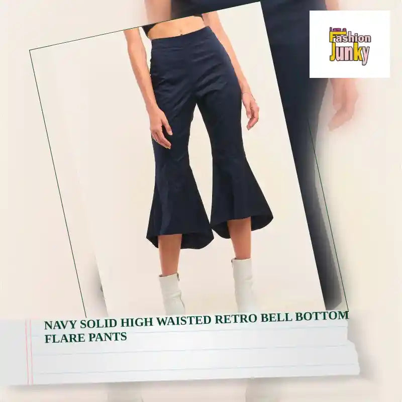 Navy Solid High Waisted Retro Bell Bottom Flare Pants by@Outfy