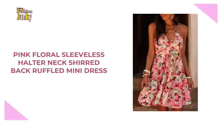 Pink Floral Sleeveless Halter Neck Shirred Back Ruffled Mini Dress by@Outfy