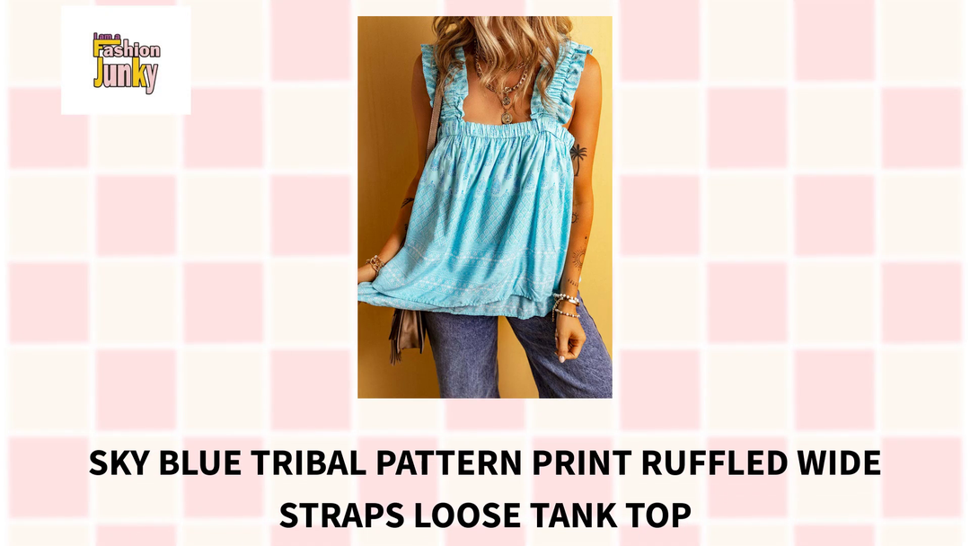 Sky Blue Tribal Pattern Print Ruffled Wide Straps Loose Tank Top by@Outfy