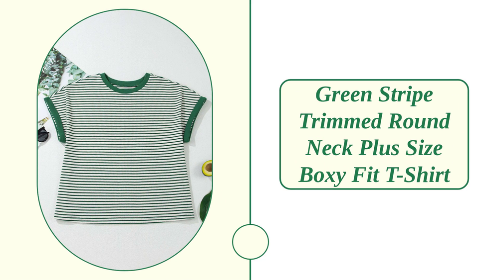 Green Stripe Trimmed Round Neck Plus Size Boxy Fit T-shirt by@Outfy