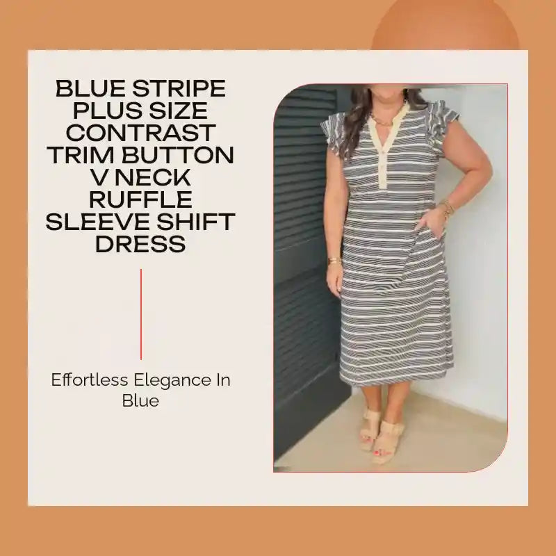Blue Stripe Plus Size Contrast Trim Button V Neck Ruffle Sleeve Shift Dress by@Outfy