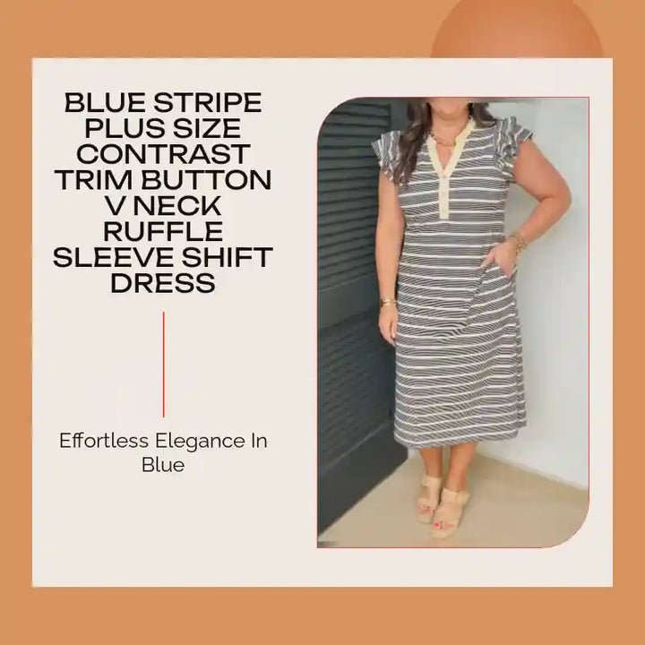 Blue Stripe Plus Size Contrast Trim Button V Neck Ruffle Sleeve Shift Dress by@Outfy
