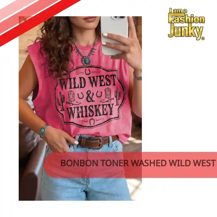 Bonbon Toner Washed Wild West Whiskey Print Sleeveless Muscle Top by@Outfy