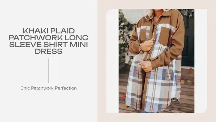 Khaki Plaid Patchwork Long Sleeve Shirt Mini Dress by@Outfy