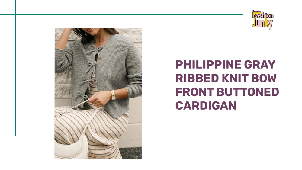 Philippine Gray Ribbed Knit Bow Front Buttoned Cardigan by@Outfy