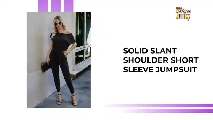 Solid Slant Shoulder Short Sleeve Jumpsuit by@Outfy