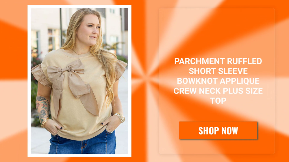 Parchment Ruffled Short Sleeve Bowknot Applique Crew Neck Plus Size Top by@Outfy