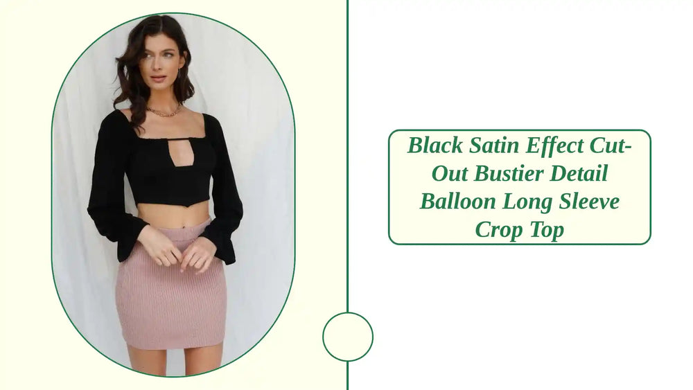 Black Satin Effect Cut-out Bustier Detail Balloon Long Sleeve Crop Top by@Outfy