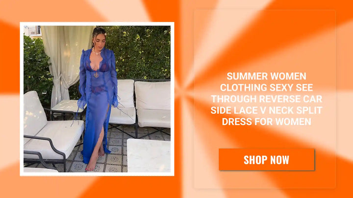 Summer Women Clothing Sexy See through Reverse Car Side Lace V neck Split Dress for Women by@Outfy