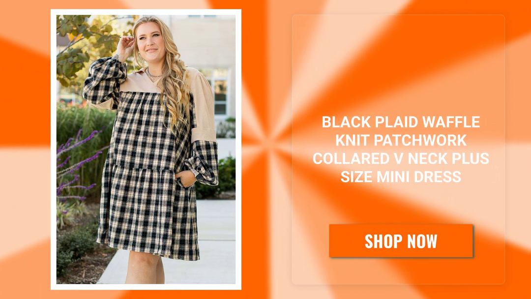 Black Plaid Waffle Knit Patchwork Collared V Neck Plus Size Mini Dress by@Outfy