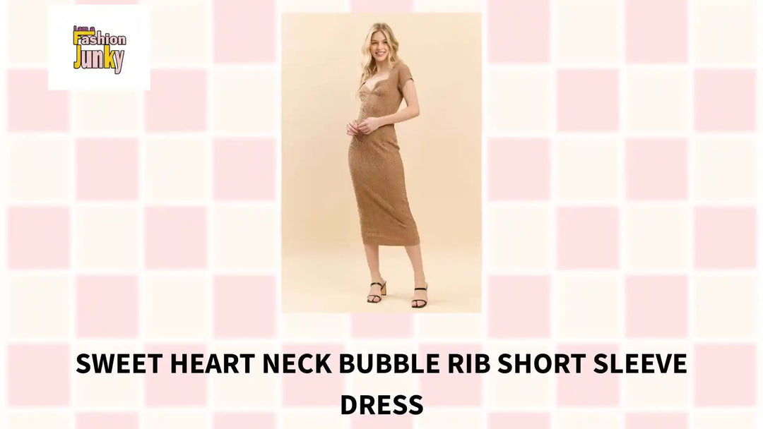 Sweet Heart Neck Bubble Rib Short Sleeve Dress by@Outfy