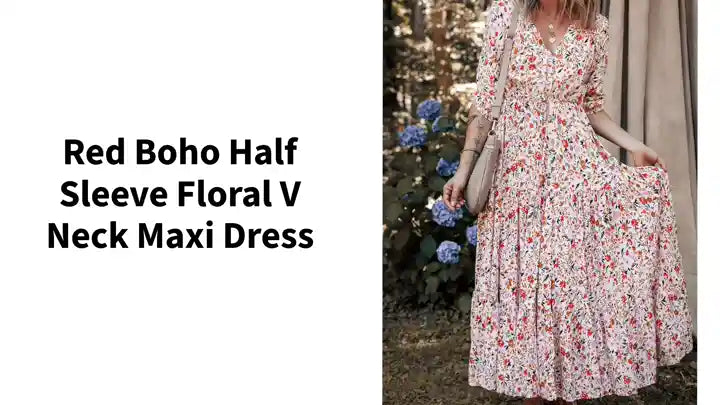 Red Boho Half Sleeve Floral V Neck Maxi Dress by@Outfy