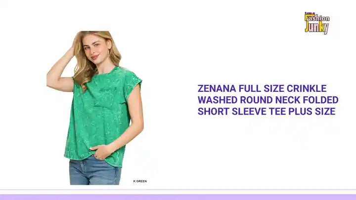 Zenana Full Size Crinkle Washed Round Neck Folded Short Sleeve Tee Plus Size by@Outfy