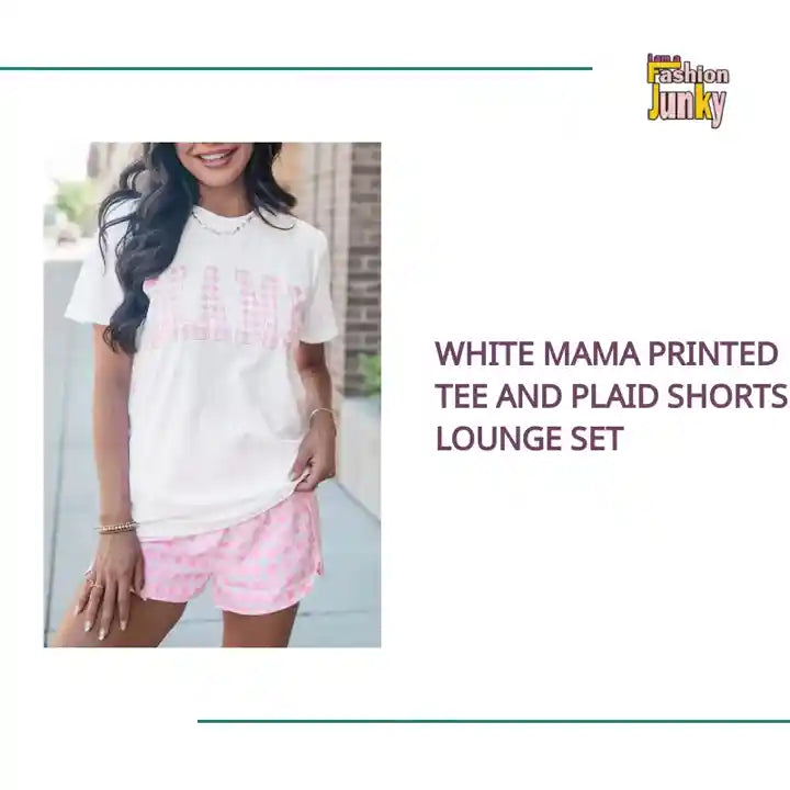 White MAMA Printed Tee and Plaid Shorts Lounge Set by@Outfy