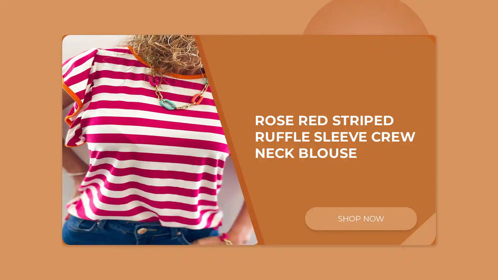 Rose Red Striped Ruffle Sleeve Crew Neck Blouse by@Outfy